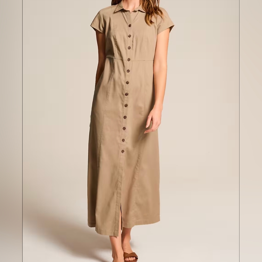 J. Jill Savanna Maxi Shirt Dress Golden Beige Pockets Buttons Tan NWOT
